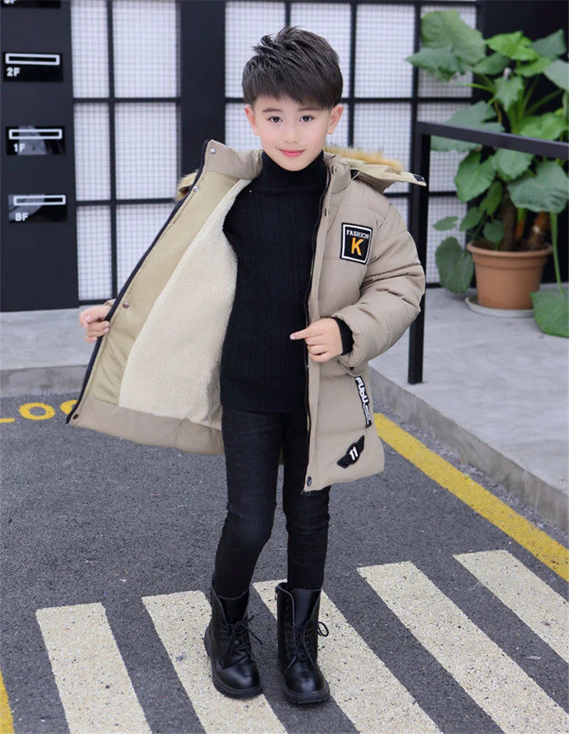 Boys' Winter Velvet Thick Parka -30℃ Warm Cotton-Padded Coat